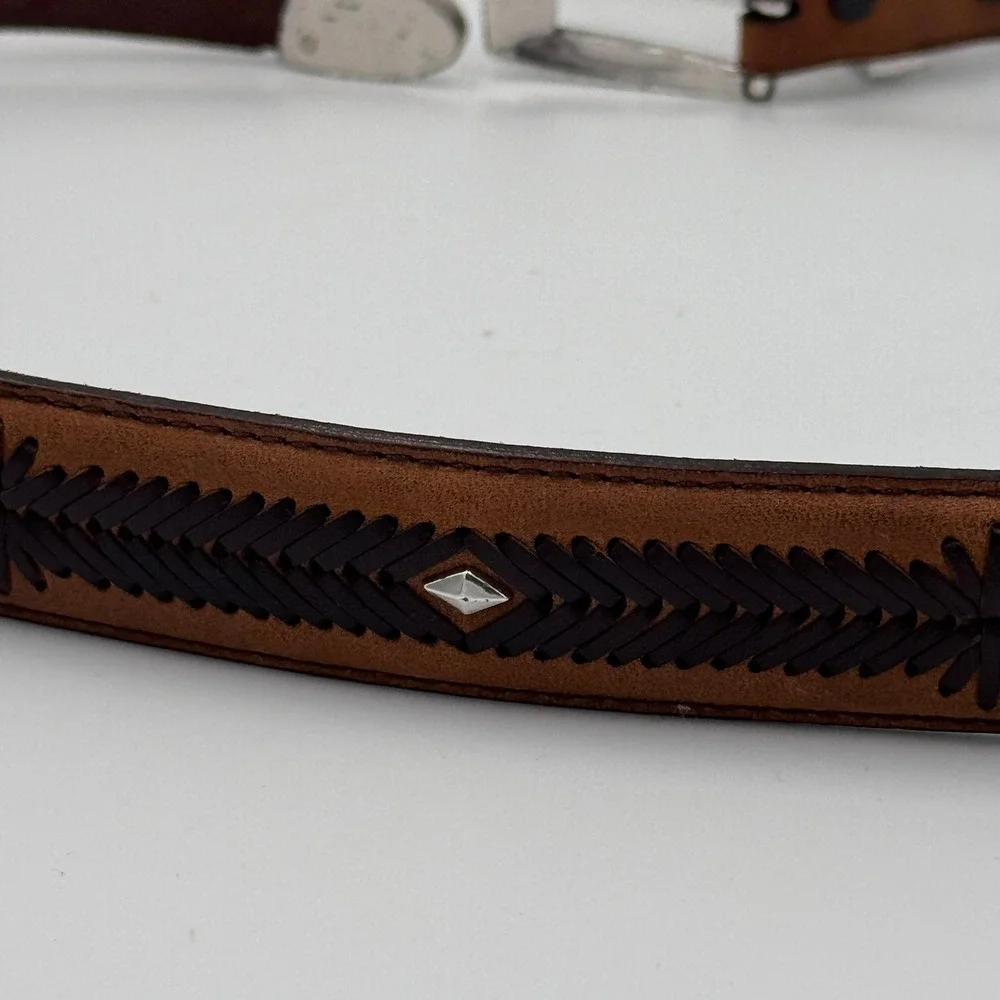 Brighton‎ Western Brown Leather Belt Engraved Buckle Metal Tip Cowboy Style